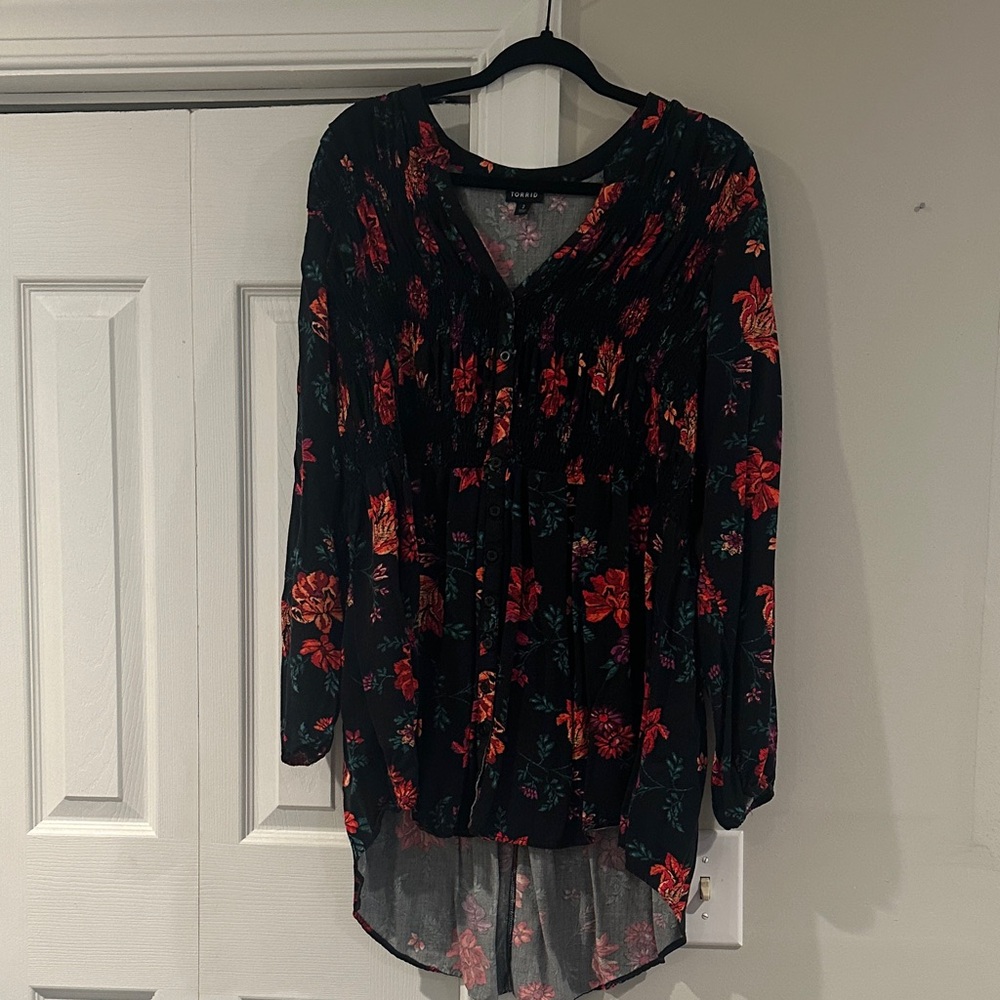 Torrid Black and Red Floral Blouse